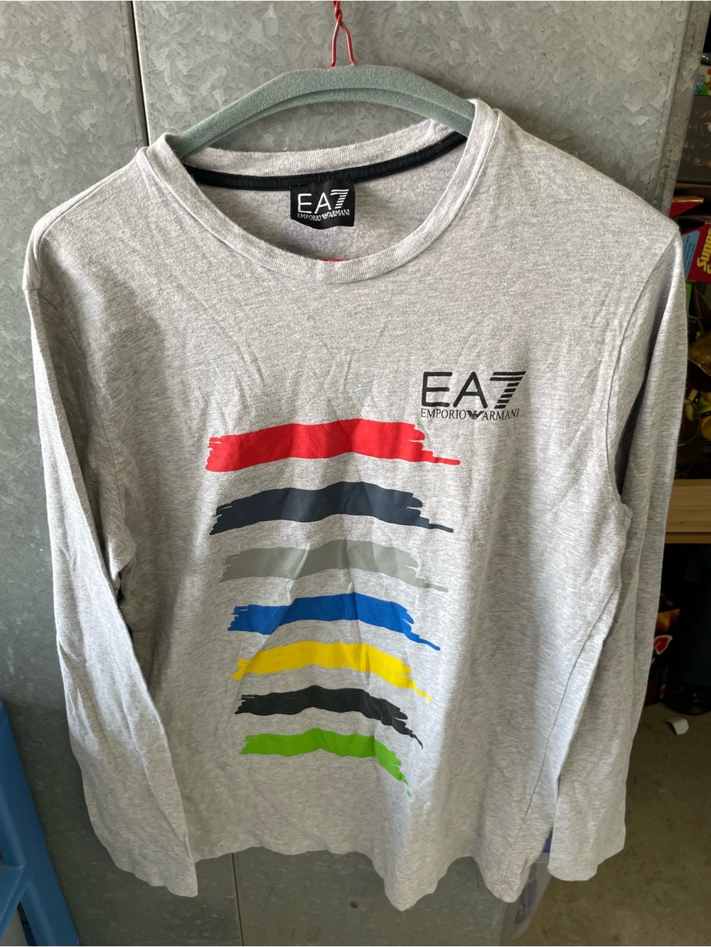 Emporio Armani Light Gray Long-Sleeve Tee with Multicolor Brushstripe Print